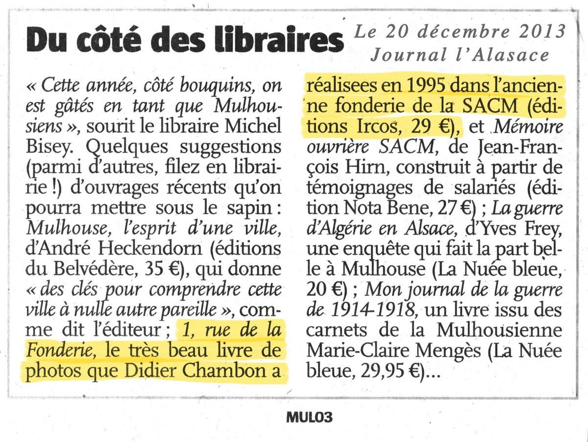 1 rue de la Fonderie&#10;«Du côté des libraires» &#10;L'Alsace-Revue de presse du samedi 20 décembre 2013