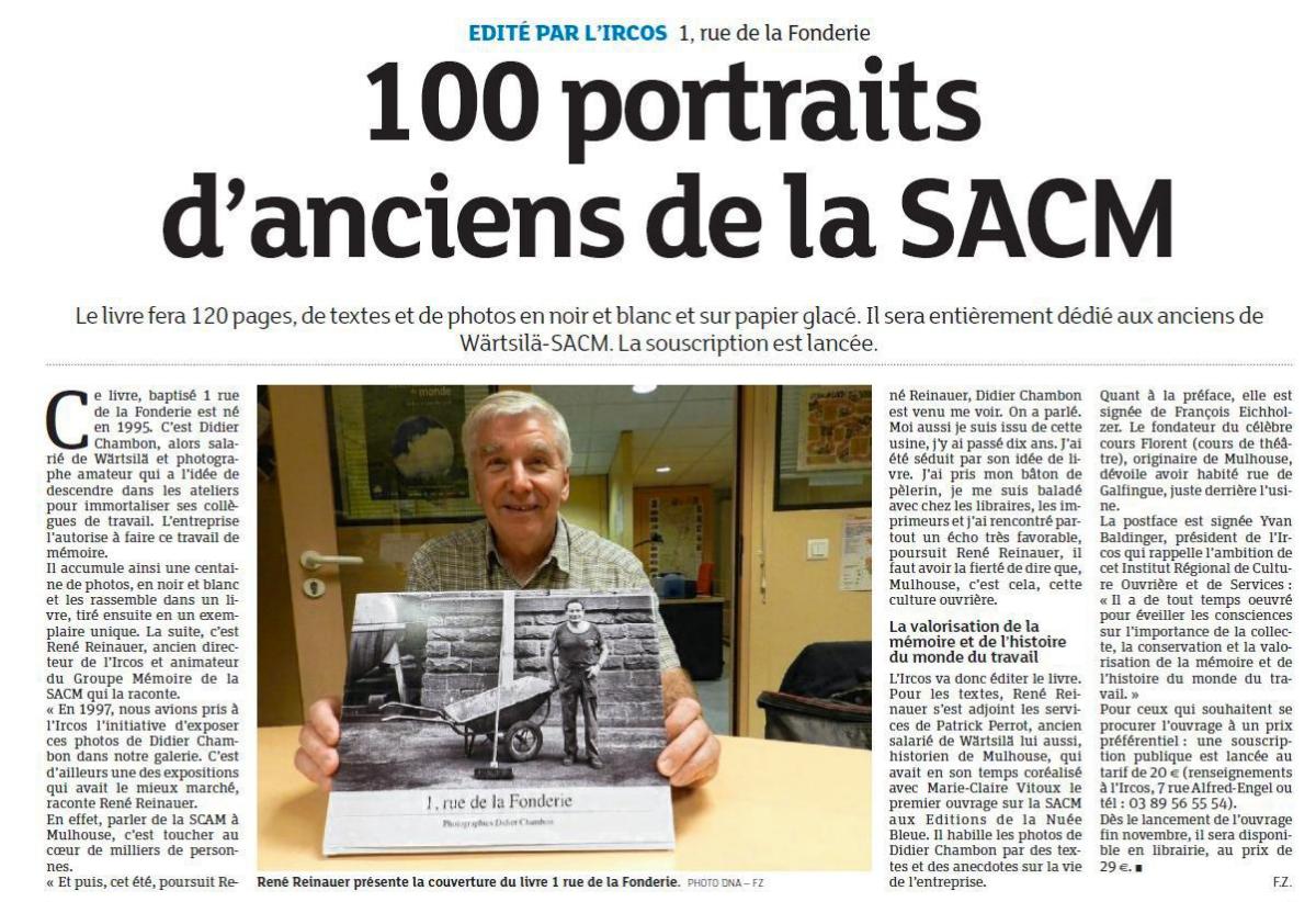 1 rue de la Fonderie&#10;«100 portraits d'anciens de la SACM»&#10;DNA-Dernières Nouvelles d’Alsace, 31 octobre 2013